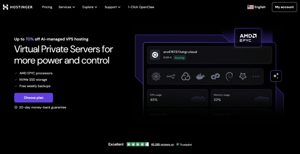 Hostinger VPS hosting offer with up to 70% off, featuring AMD EPYC processors, NVMe SSD, weekly backups, and a 30-day money-back guarantee.