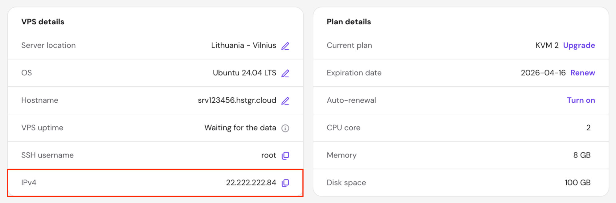 Hostinger's hPanel showing the server's IP address in the VPS details section