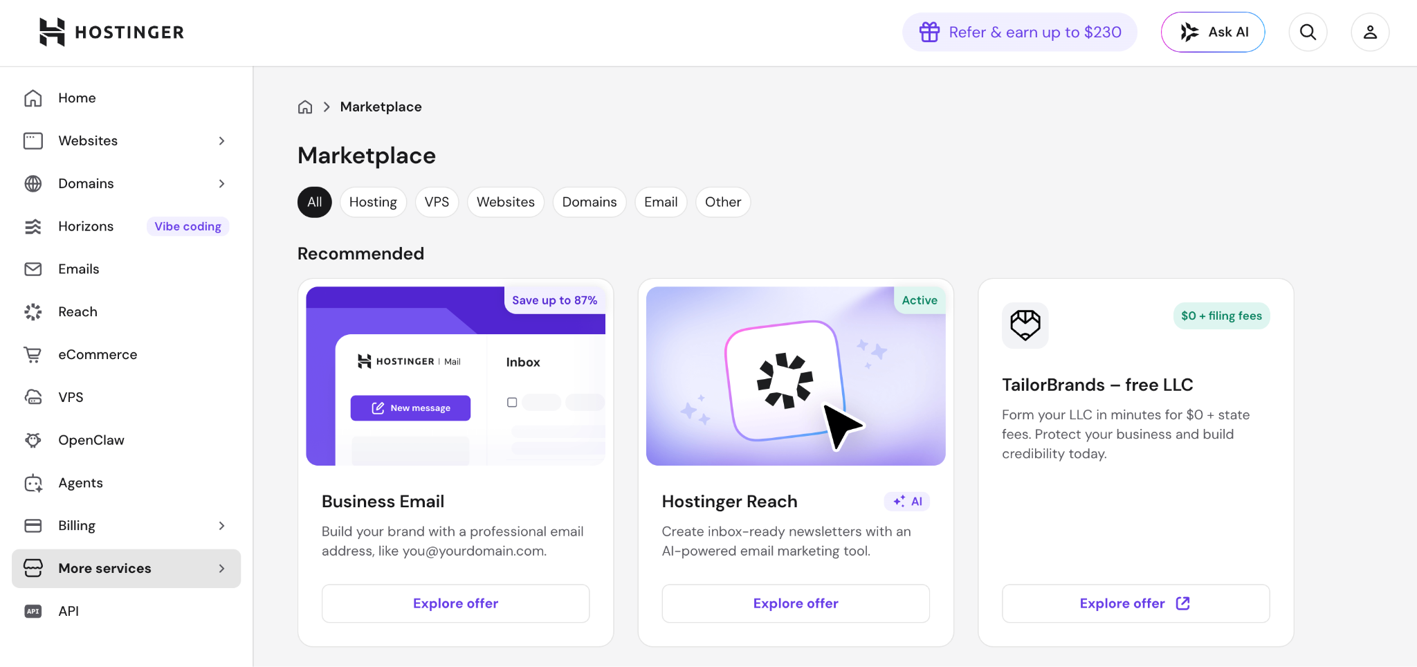 hPanel interface