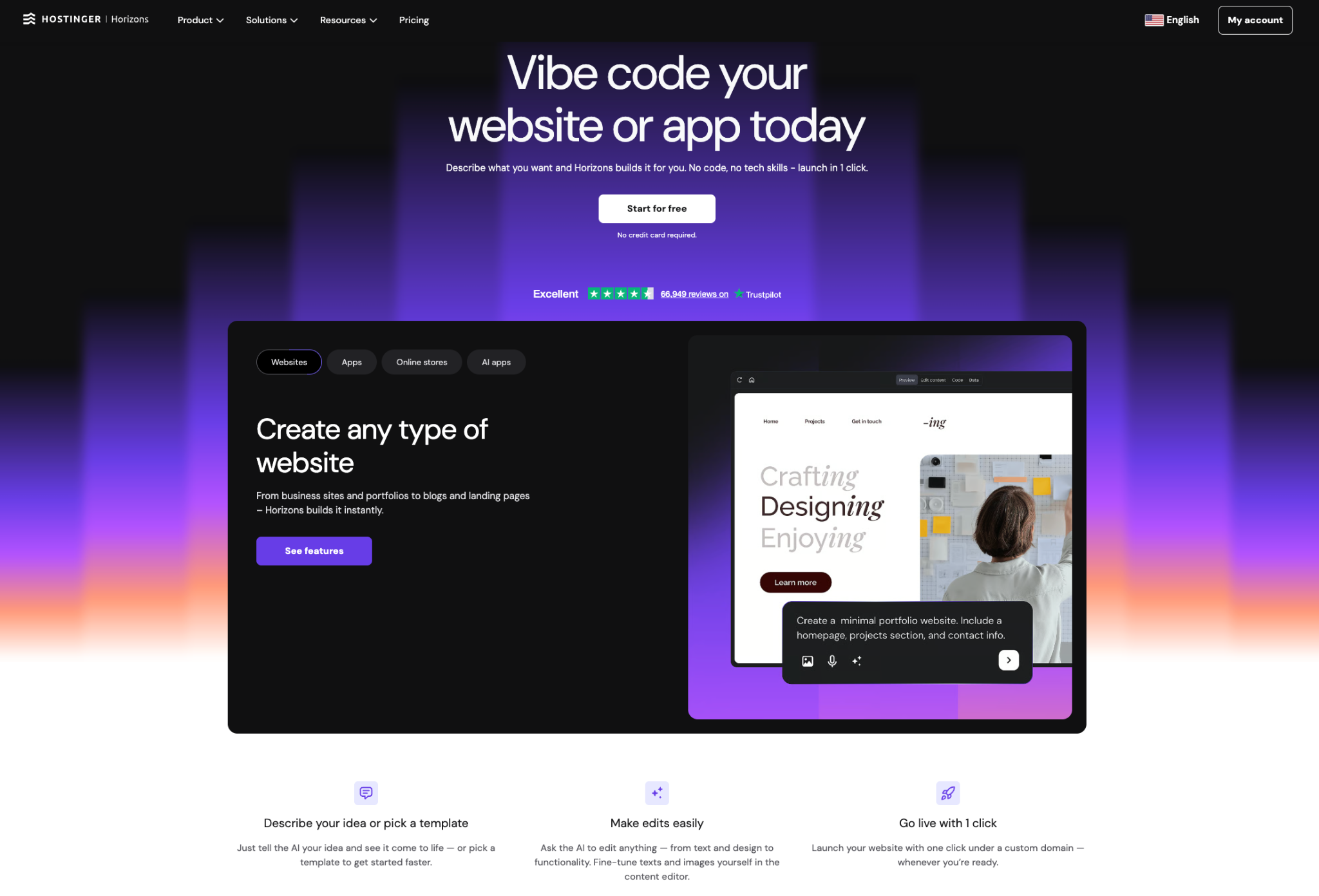 Hostinger Horizons landing page