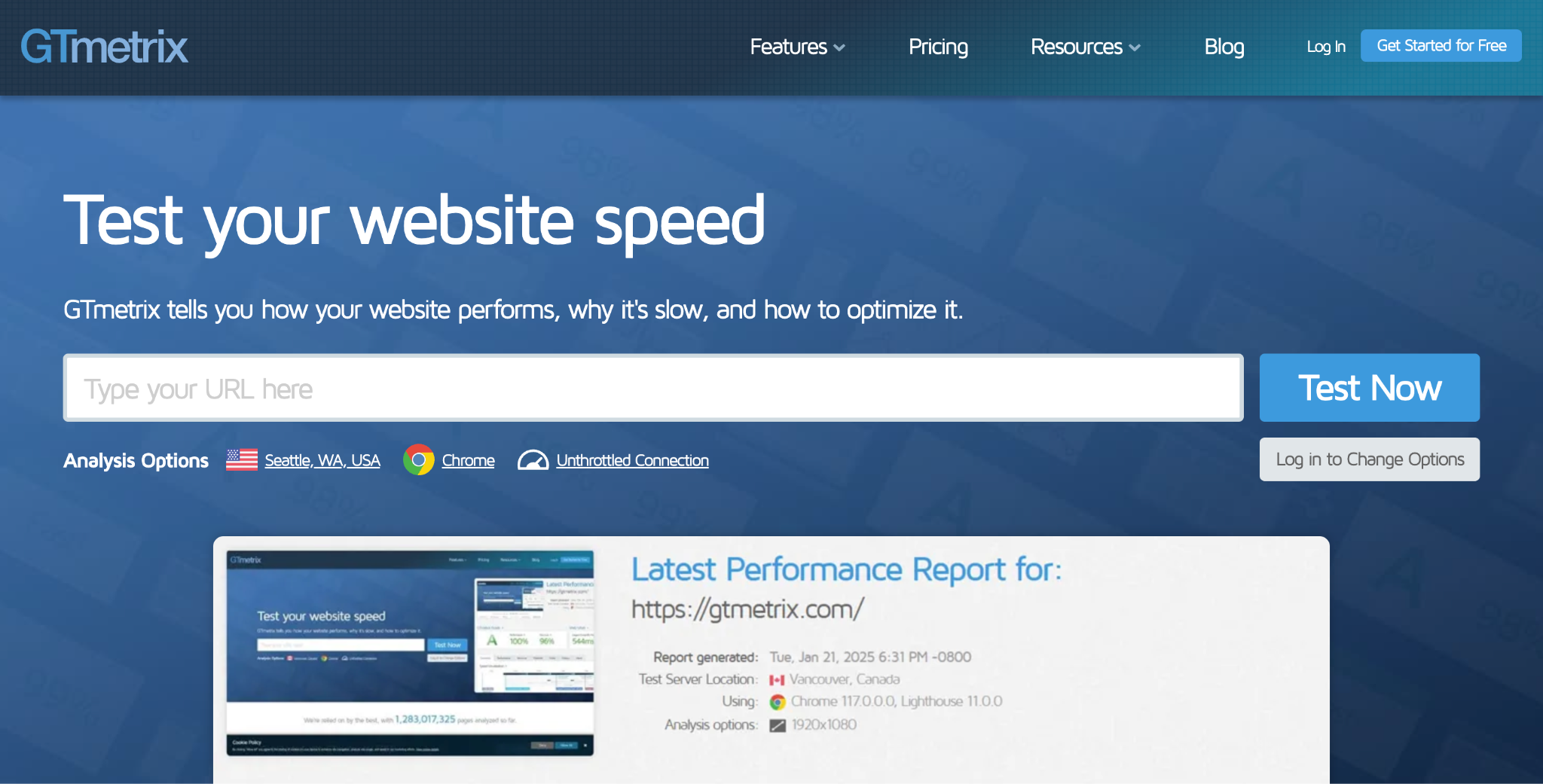 GTmetrix landing page