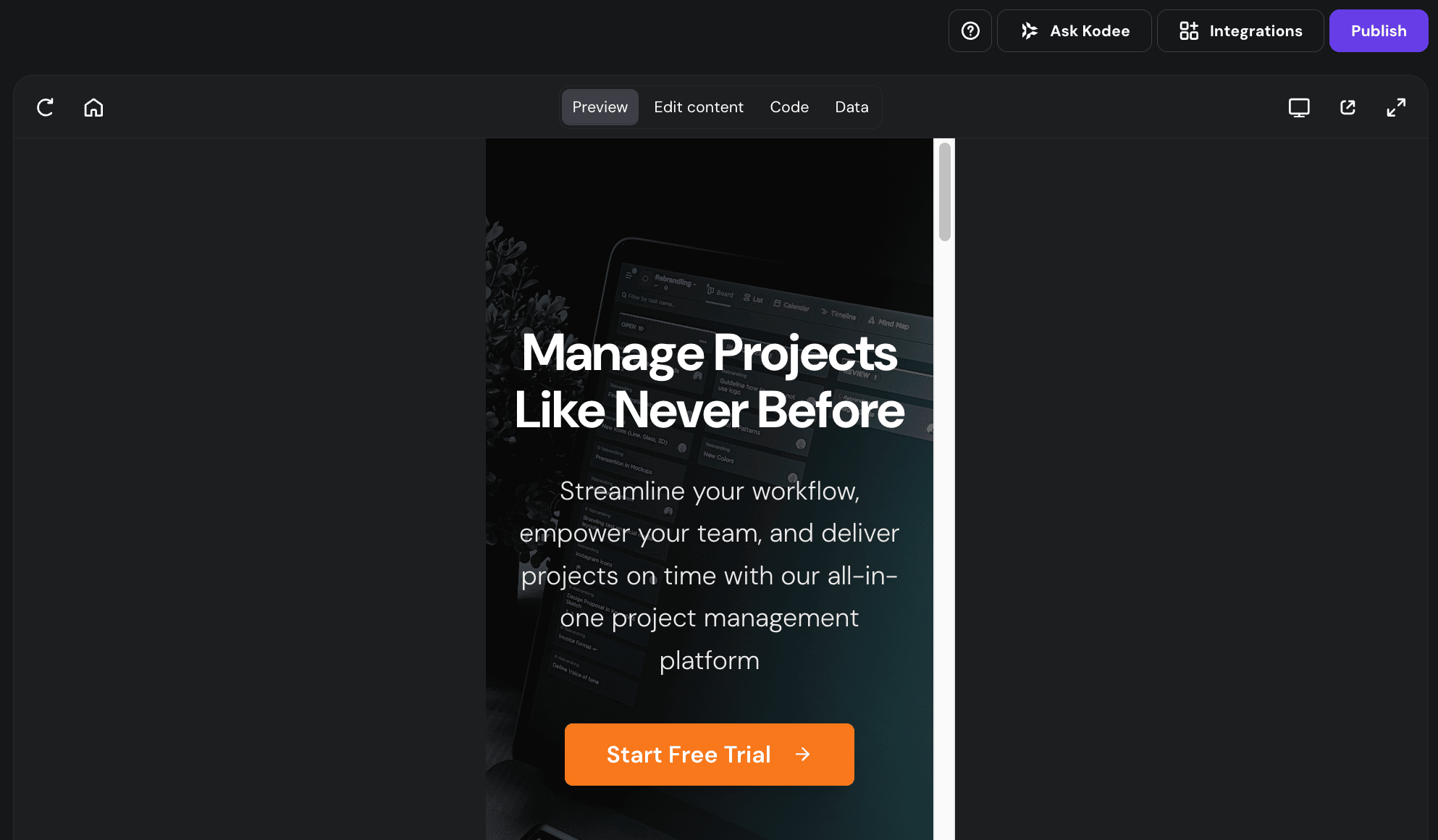 Mobile preview of website within Hostinger Horizons