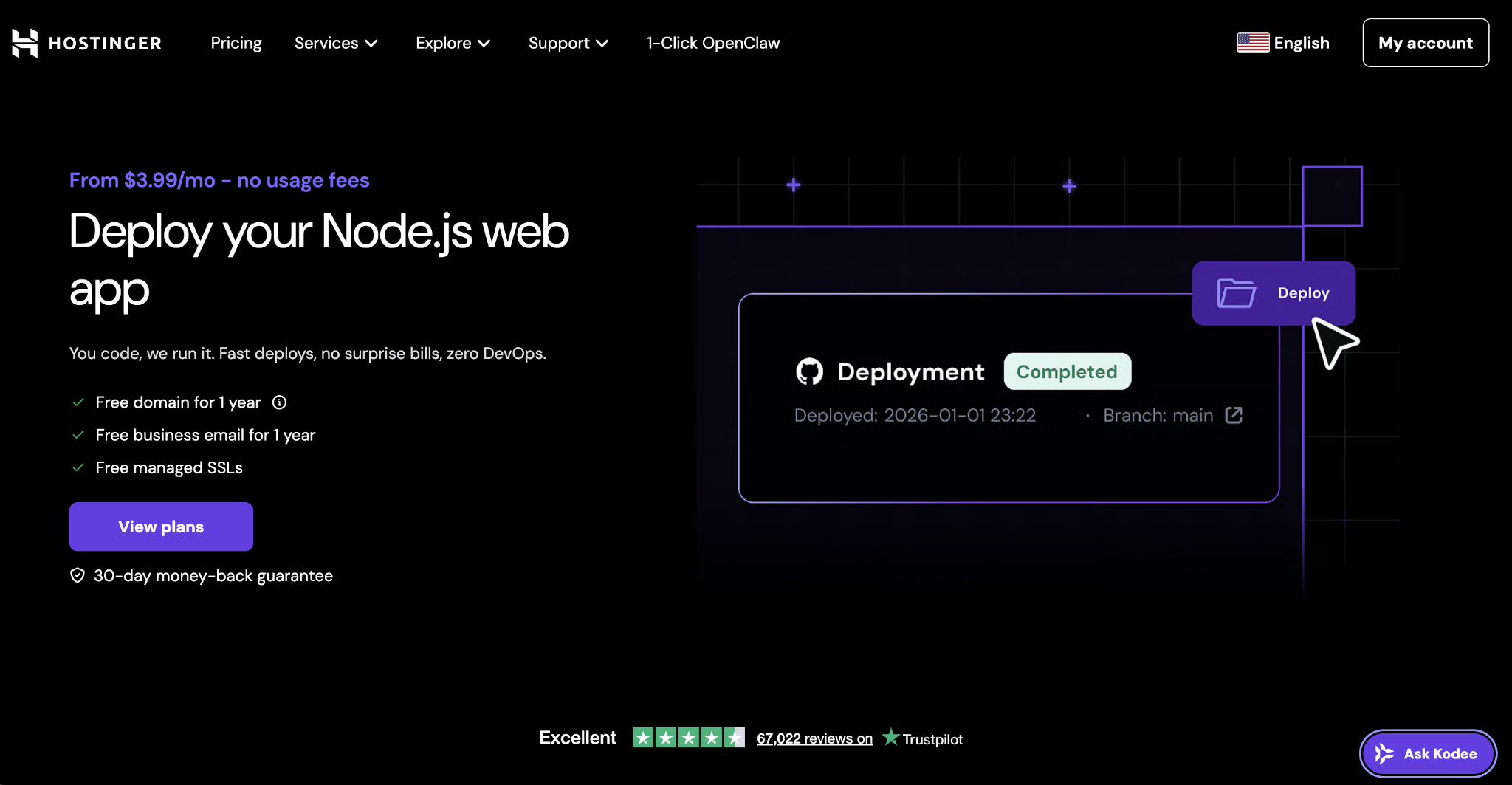 Hostinger web app hosting landing page