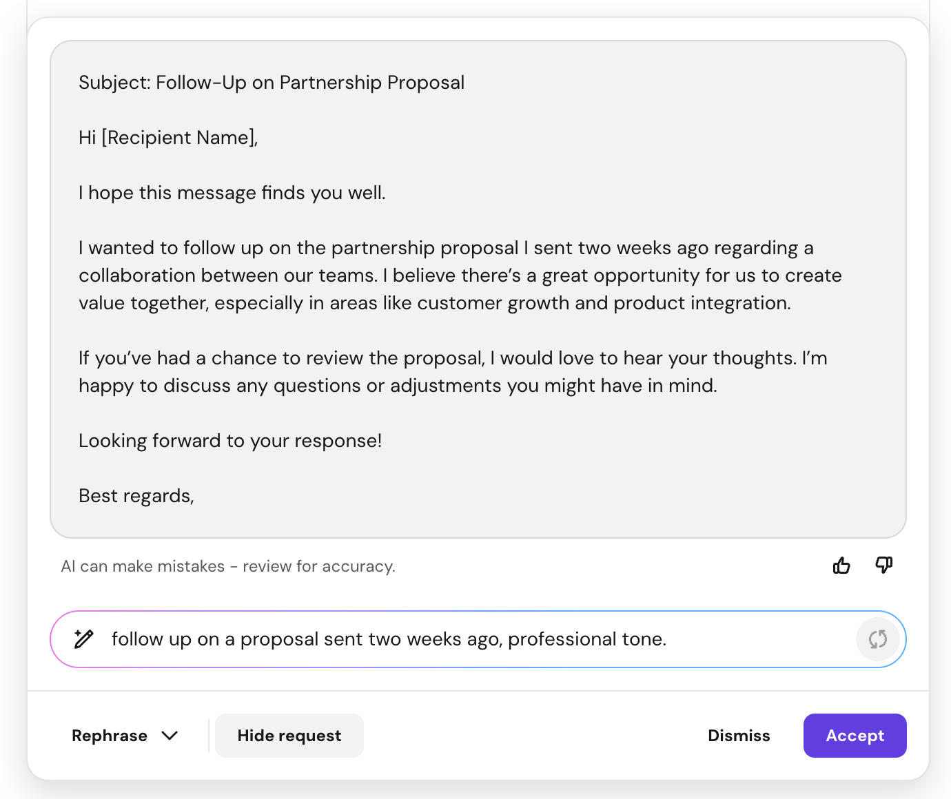 Hostinger Mail AI composer showing a follow-up email draft generated from the prompt 'follow up on a proposal sent two weeks ago, professional tone,' with Accept and Dismiss options below.