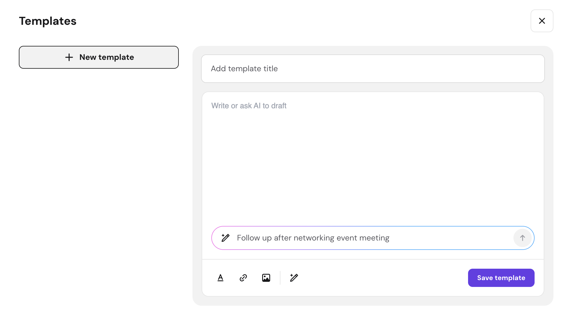 Hostinger Mail Templates panel showing the New template editor with a title field, content area, AI prompt field, and Save template button.