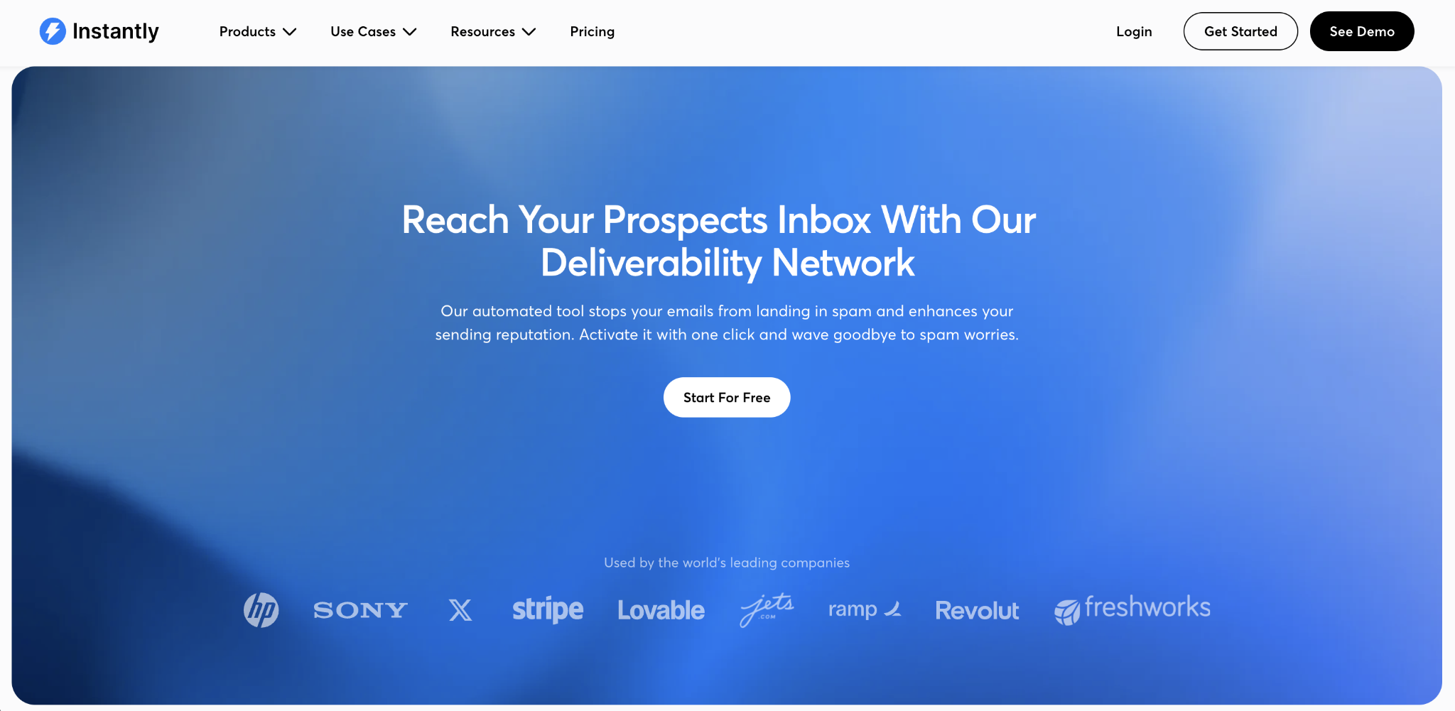 Landing page of instantly, an email warm-up tool