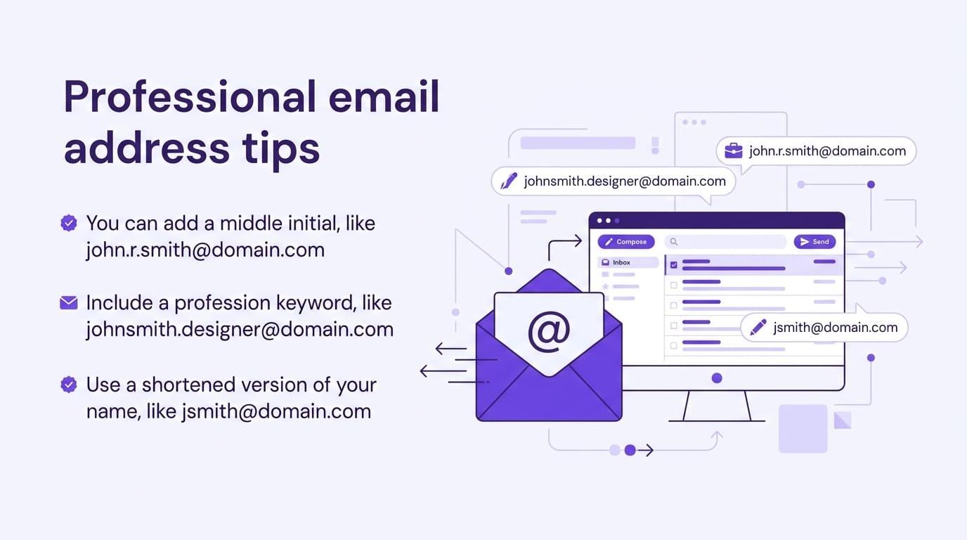 Professional email address tips: add a middle initial, include a profession keyword, use a shortened version of your name, and your location or specialty.