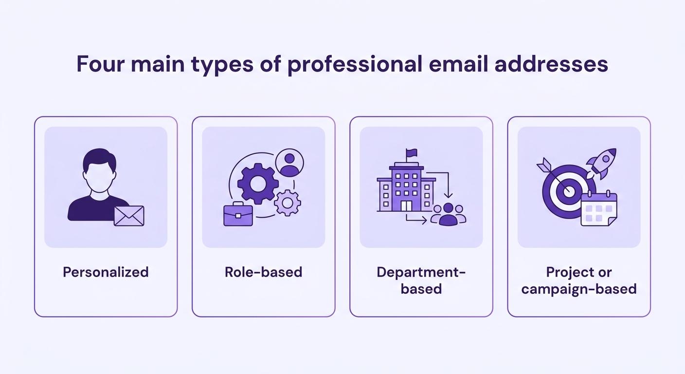 Four main types of professional email addresses: personalized, role-based, department-based, and project or campaign-based.