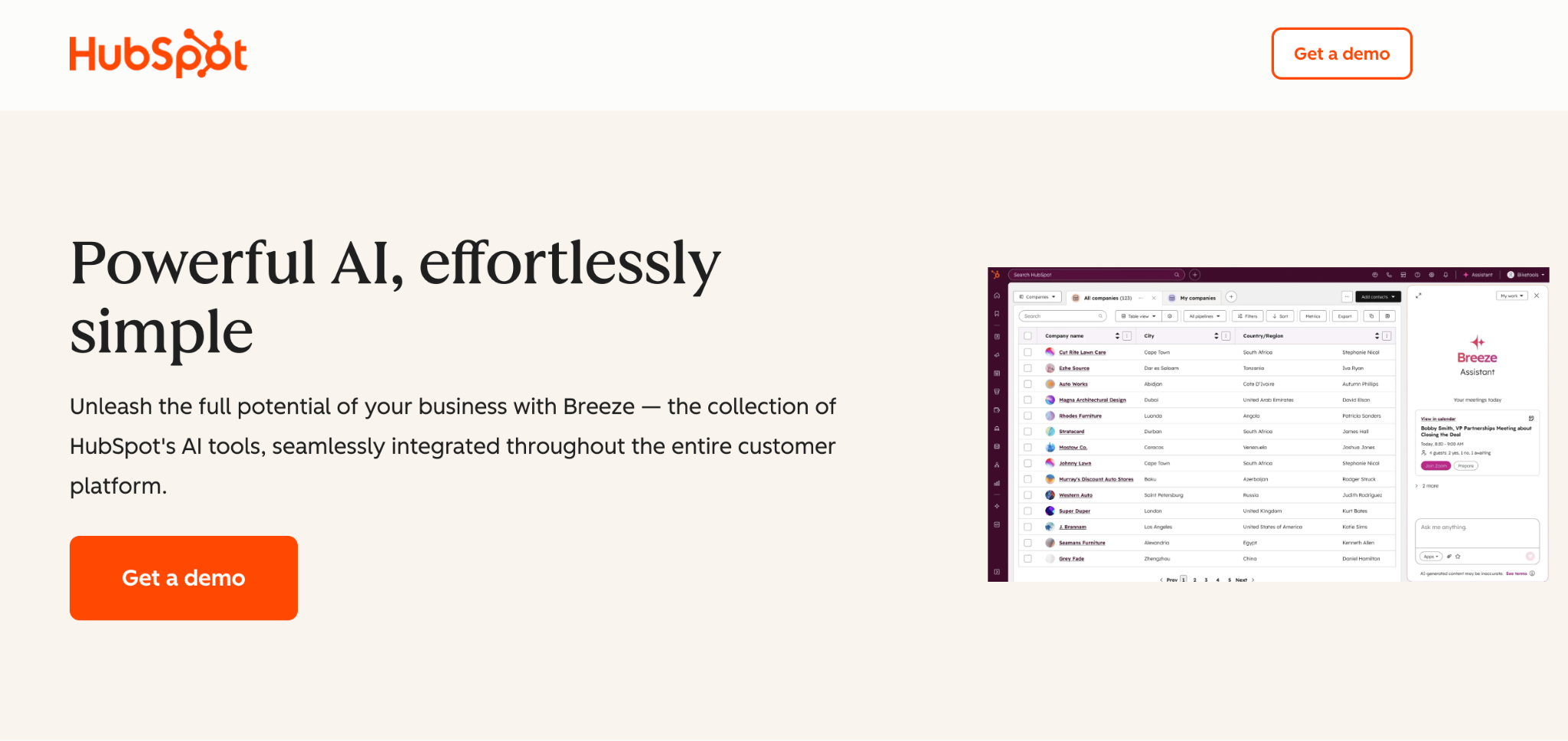 HubSpot AI page introducing Breeze, HubSpot's AI tools collection integrated across the customer platform