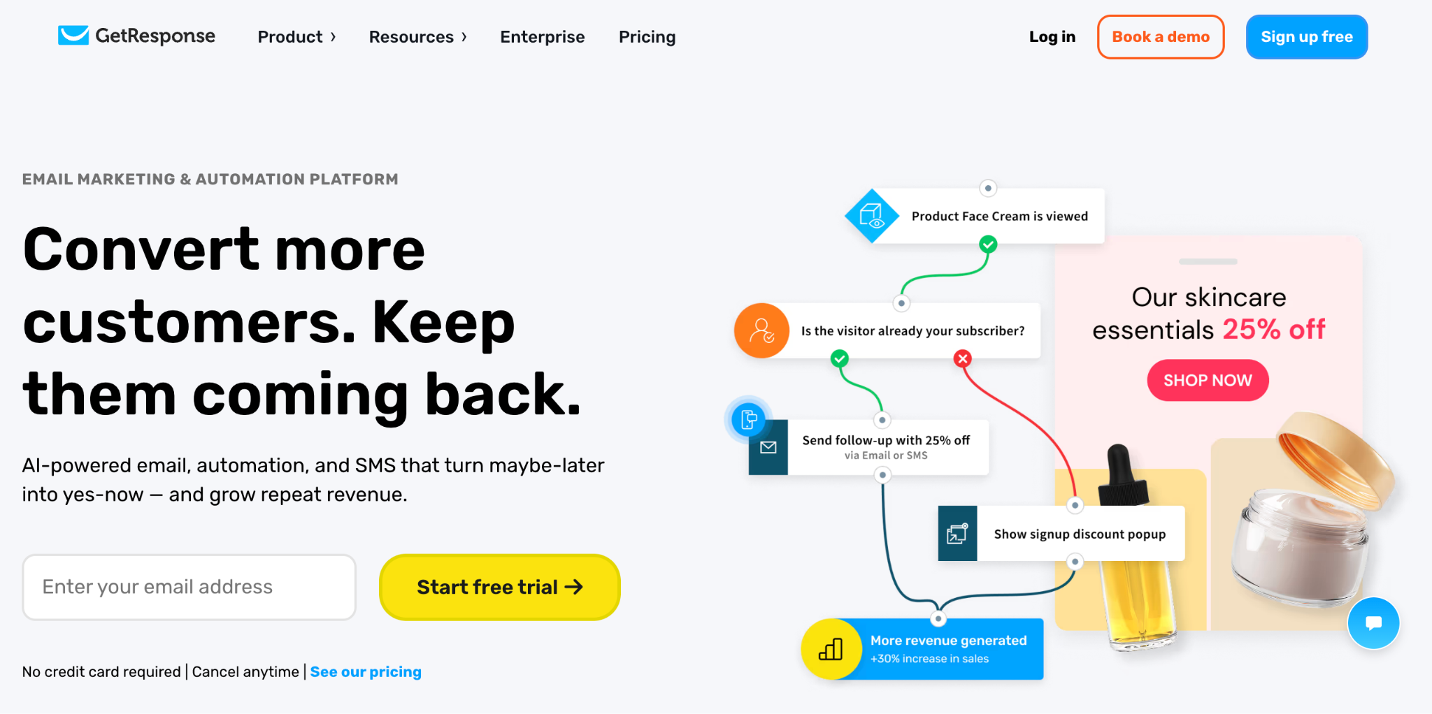 GetResponse homepage with the headline