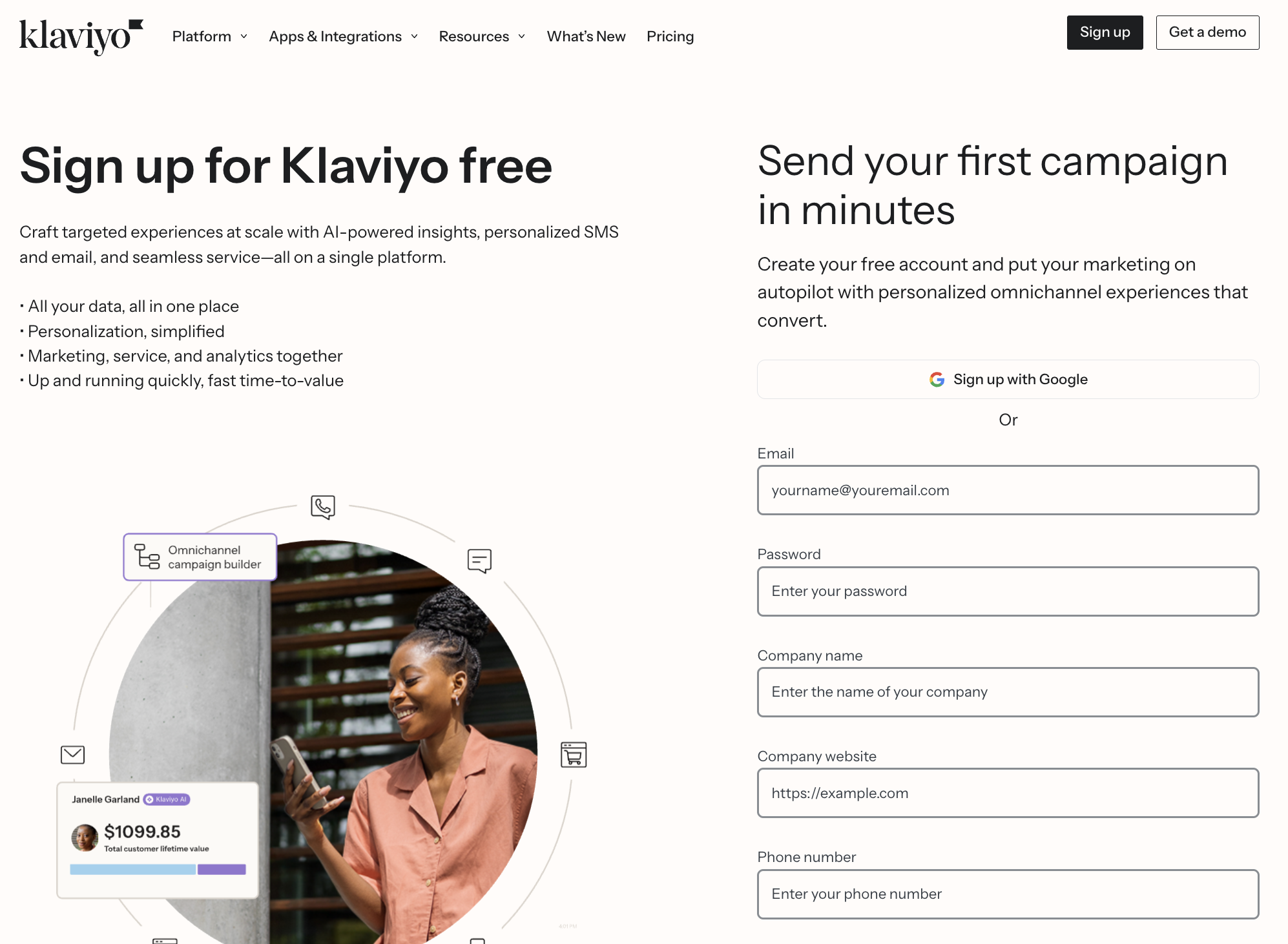 Klaviyo free signup page with a form to create an account and send a first campaign in minutes
