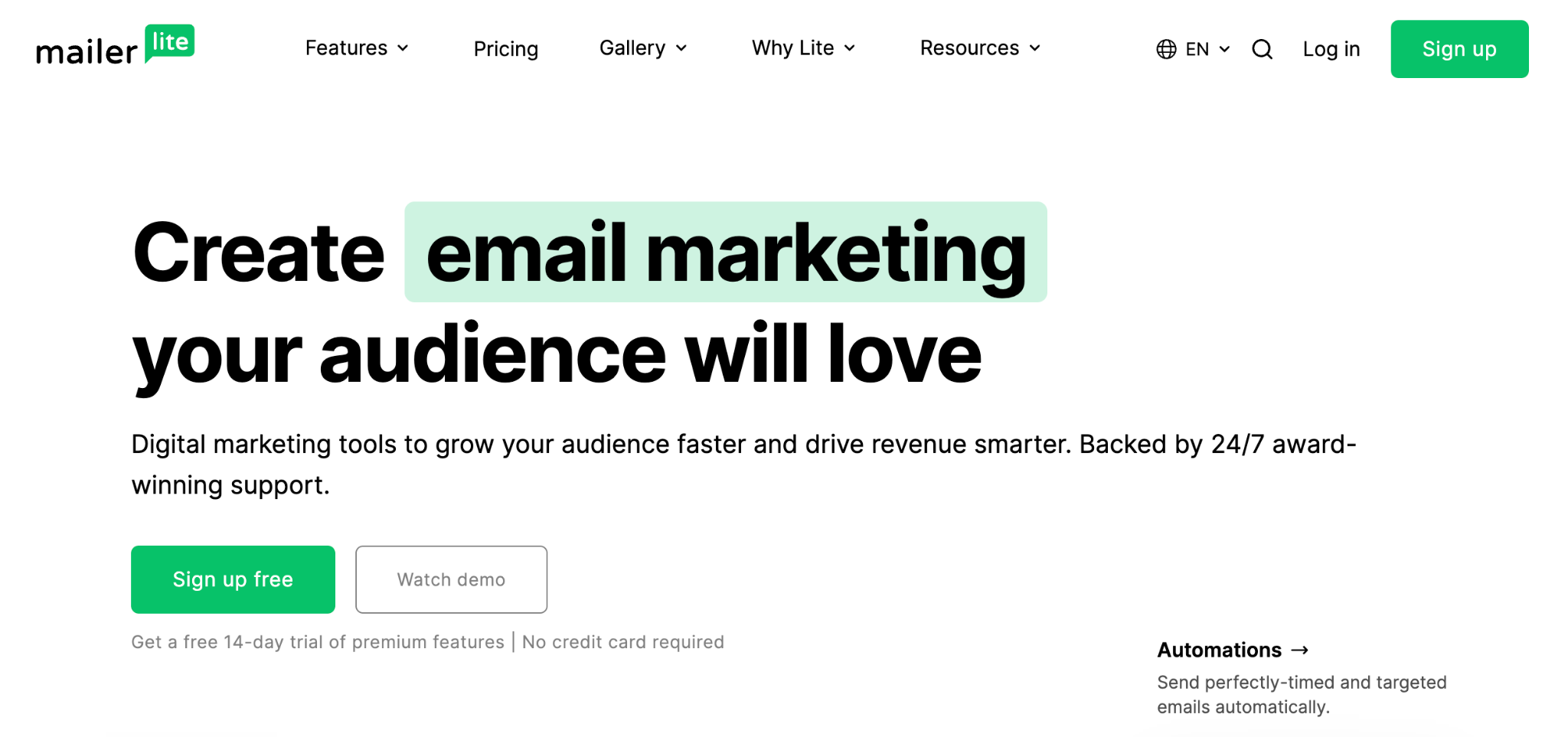 MailerLite homepage with the headline