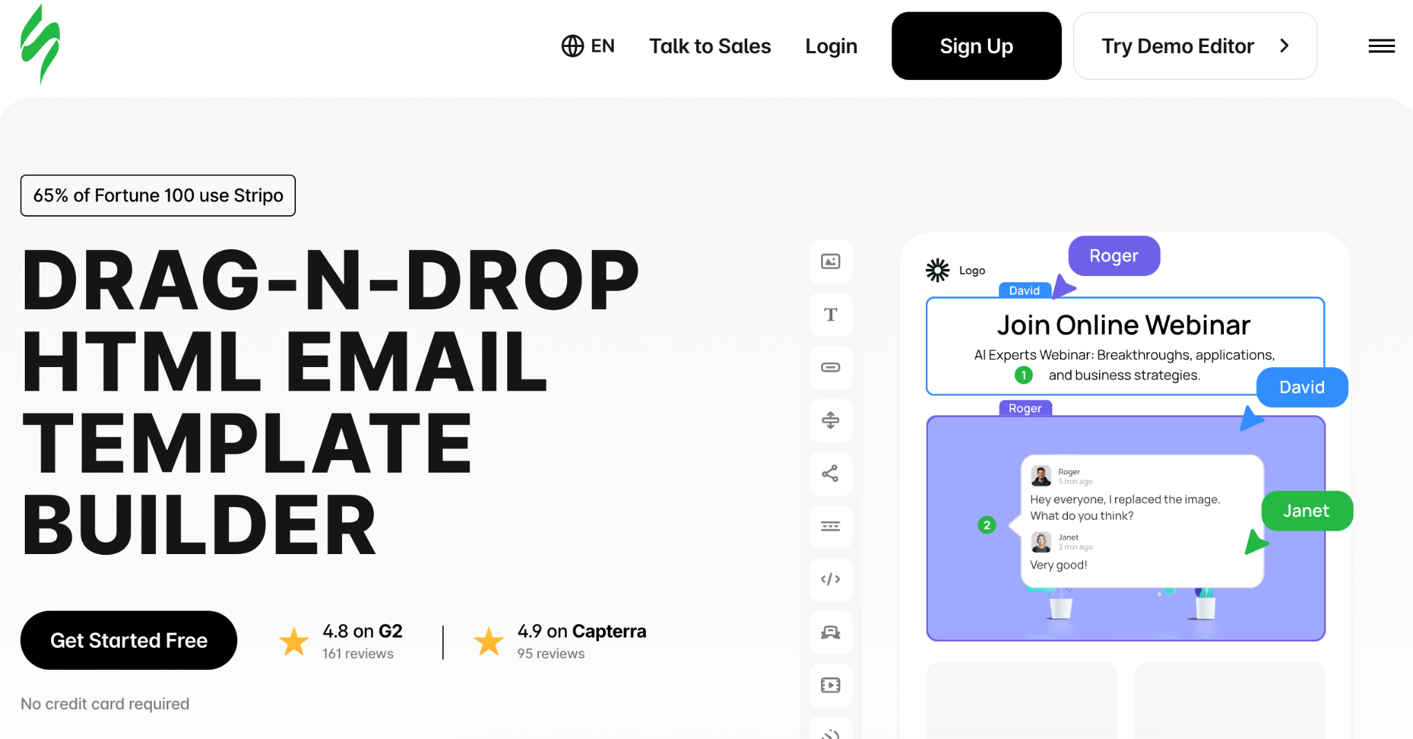 Stripo homepage describing it as a drag-and-drop HTML email template builder used by 65% of Fortune 100 companies