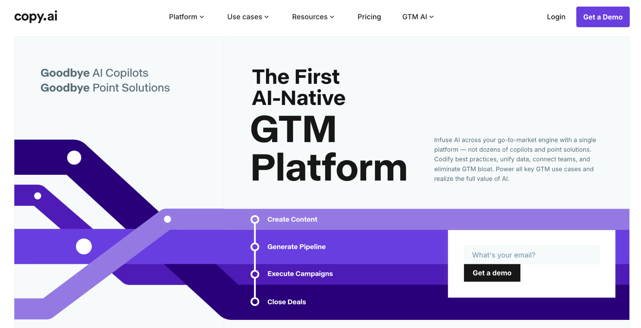 Copy.ai homepage positioning the platform as an AI-native GTM platform for content creation, pipeline generation, and campaign execution