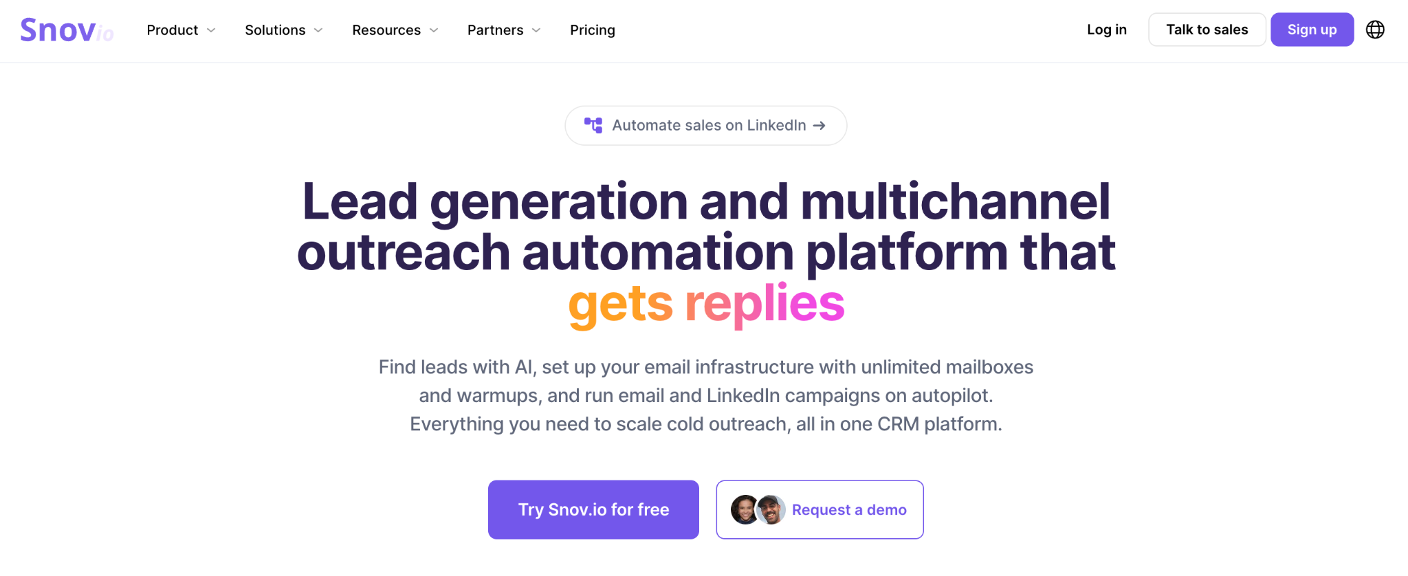 Snov.io homepage describing the platform as a lead generation and multichannel outreach automation tool
