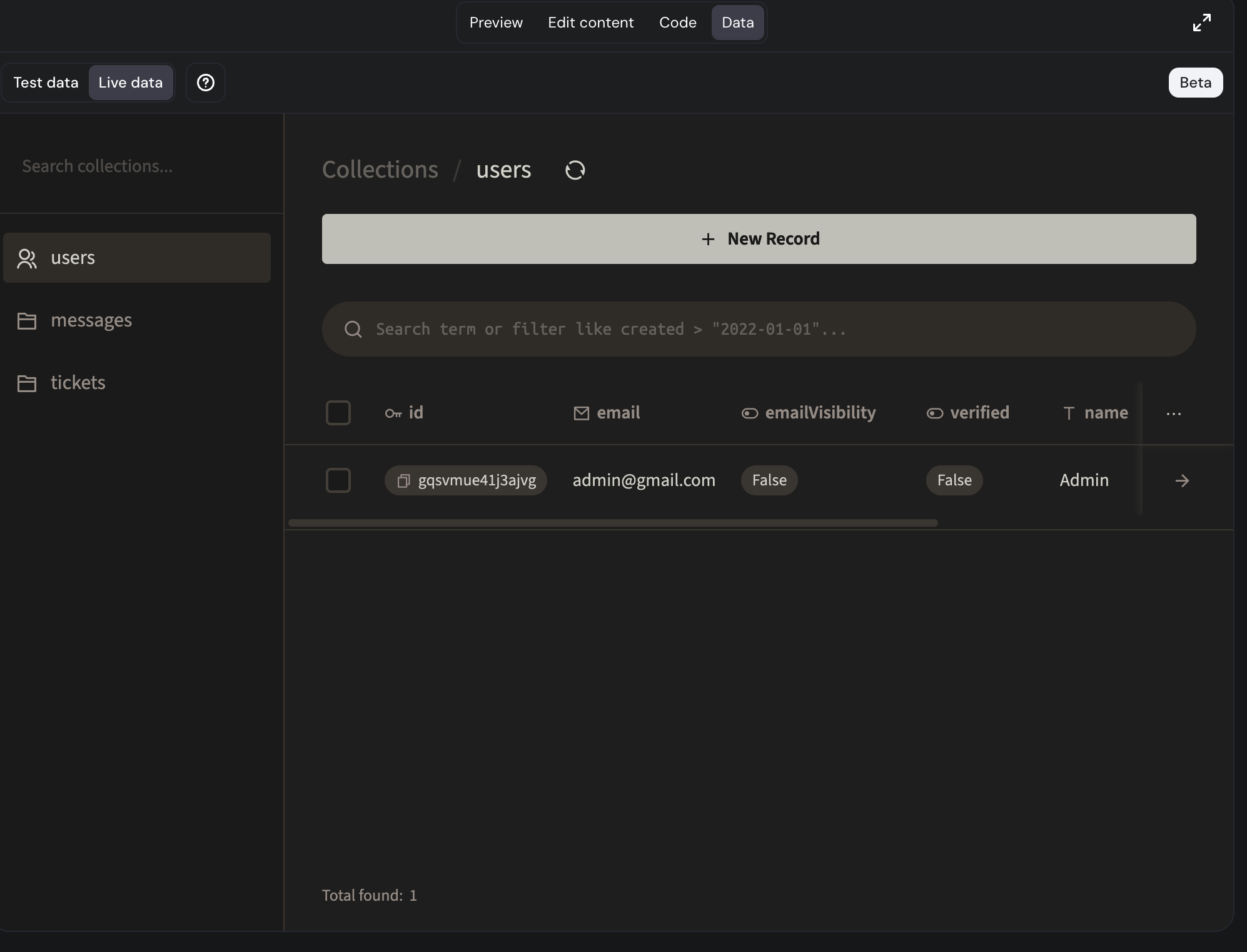 WhatsApp CRM dashboard showing the users collection with an admin record, alongside messages and tickets collections in the sidebar.