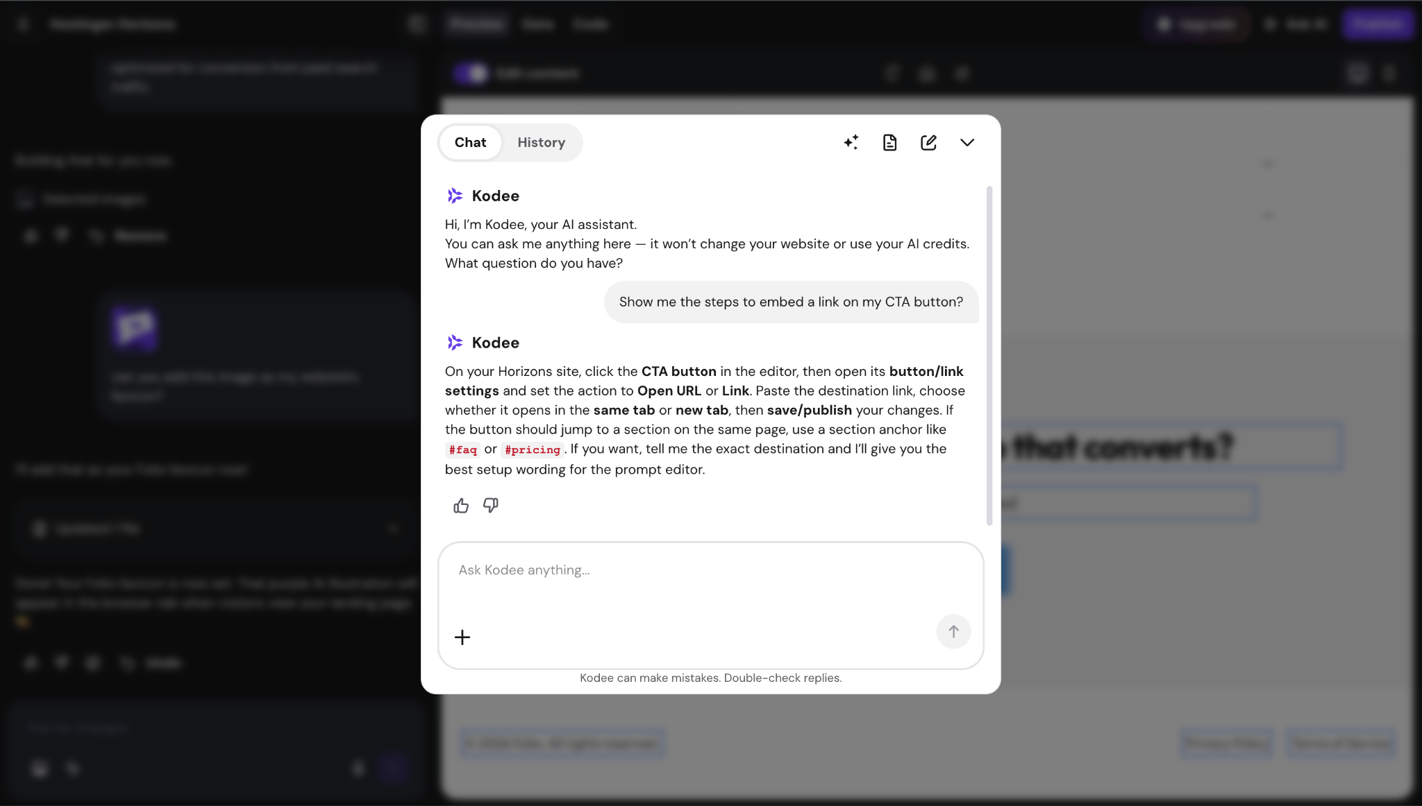 Kodee window opened over a Hostinger Horizons interface