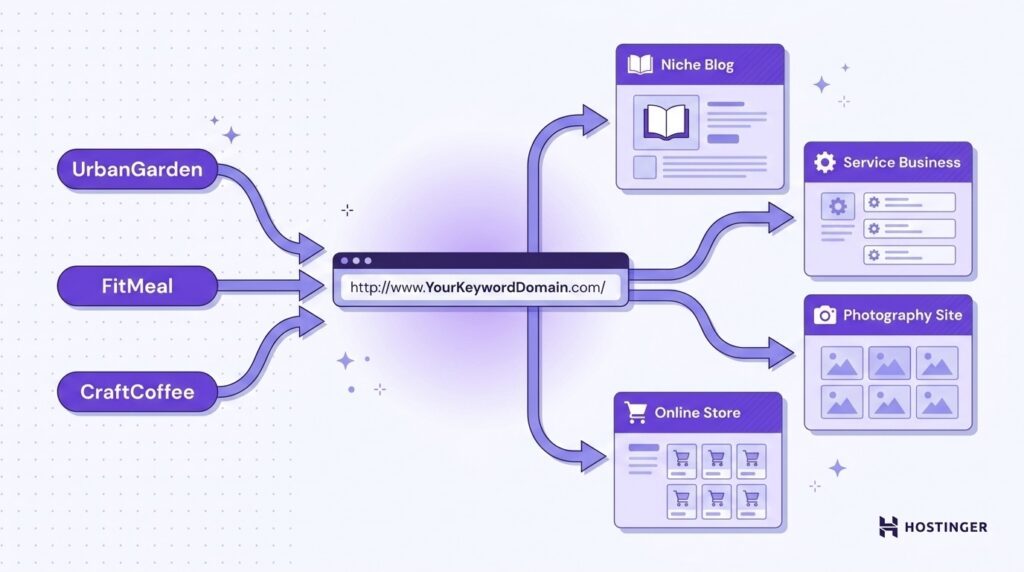 Diagram showing how keywords UrbanGarden, FitMeal, and CraftCoffee lead to a domain and connect to blog, business, store, and photography site options.