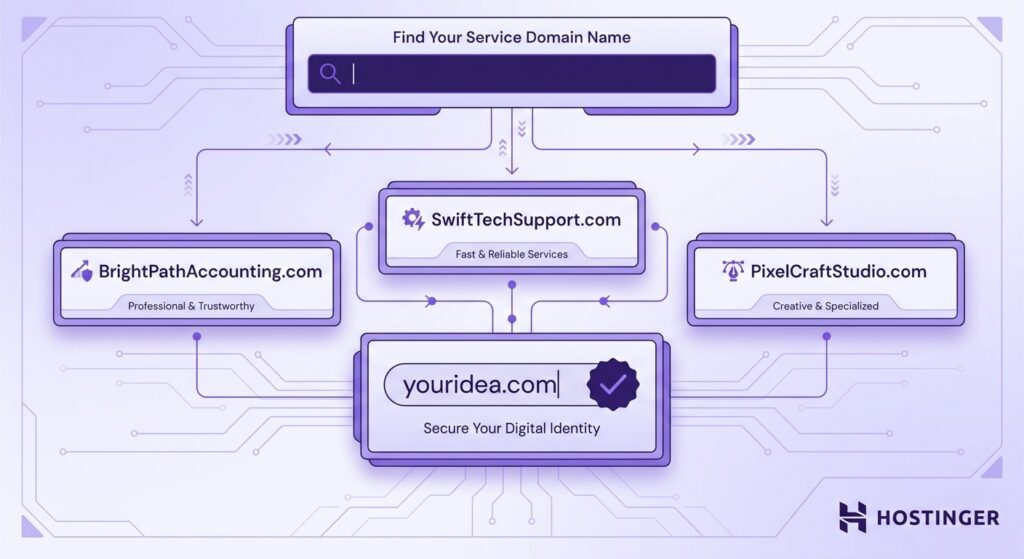 illustration showing a stylized domain name search interface with modular UI panels displaying example service business domain names arranged in a structured grid, connected by directional flow lines on a pale lavender-to-white technical background with subtle circuit-trace network patterns.