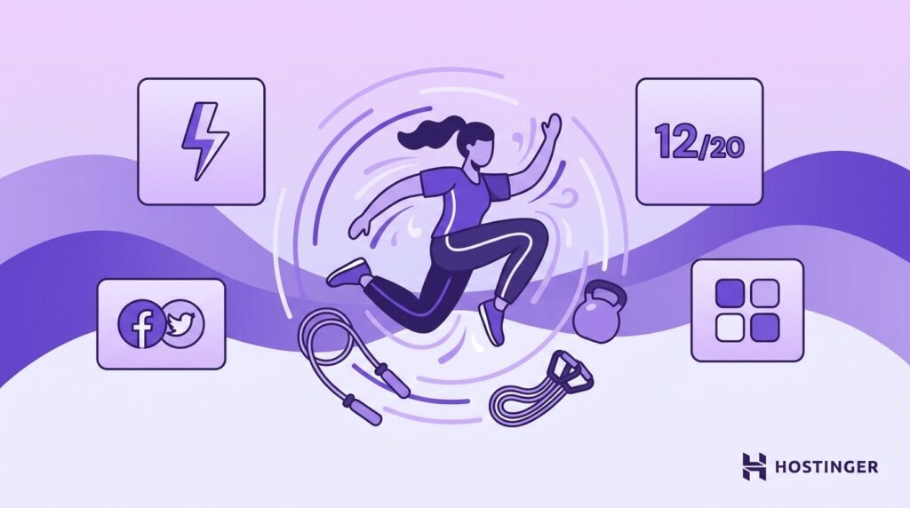 Woman jumping with fitness equipment around her and icons showing energy, social media, workout tracking, and exercise apps.