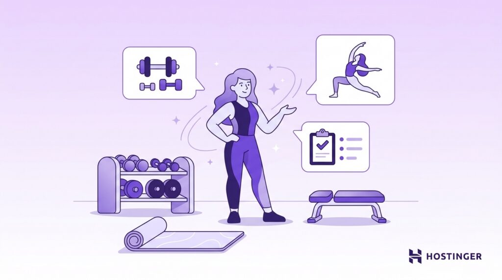 Woman standing in a gym beside workout equipment with icons for strength training, yoga, and fitness planning.