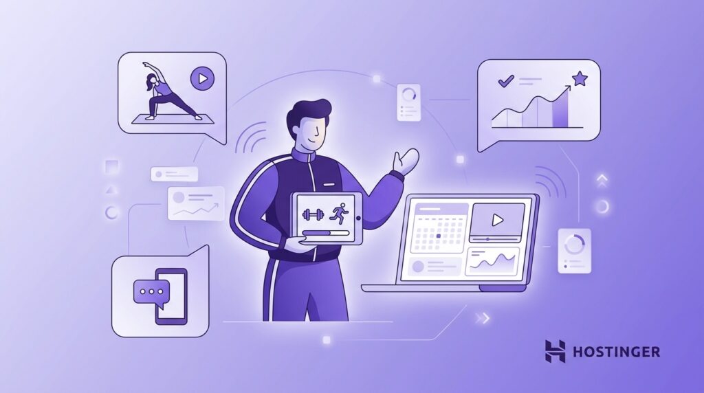Fitness coach holding a tablet beside a laptop dashboard with icons for workout videos, analytics, messaging, and online training.
