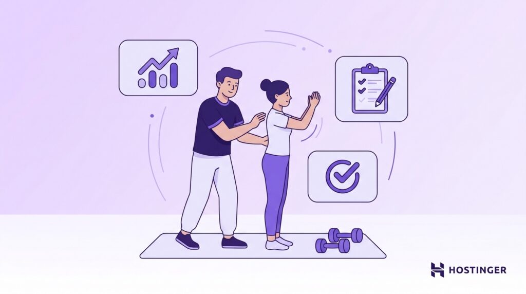 Personal trainer helping a client exercise with icons representing progress tracking, workout plans, and fitness goals.