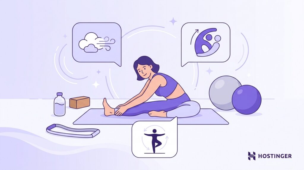 Woman stretching on a yoga mat with fitness accessories and icons representing flexibility, movement, and wellness improvement.