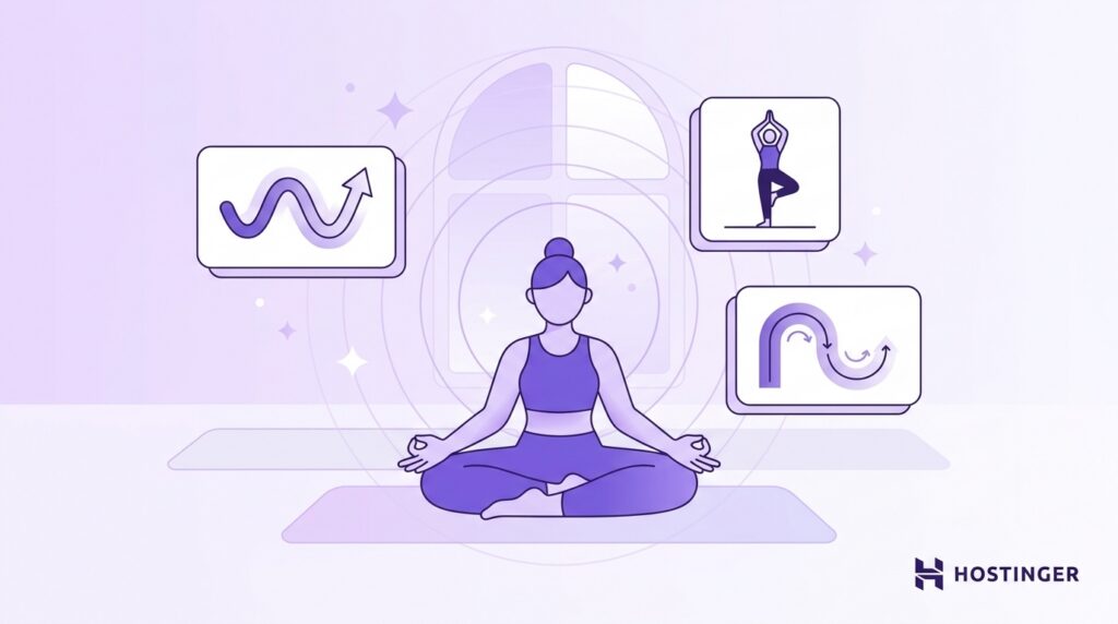 Woman meditating on a yoga mat with icons representing wellness, mindfulness, flexibility, and personal growth.