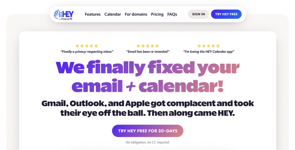 HEY's home page