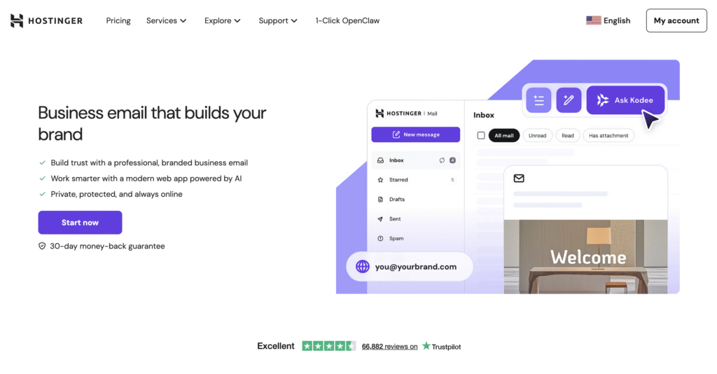 Hostinger Business Email's home page