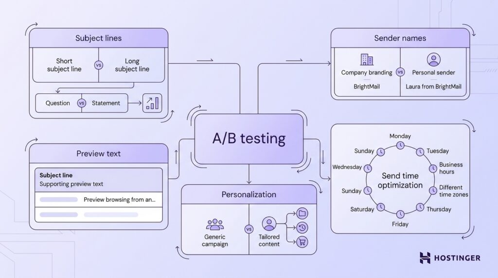 Flat vector diagram of an email A/B testing system. A central hub connects to five modules: subject lines (short vs. long, question vs. statement), sender names (company branding vs. personal sender), preview text (two inbox preview variations), send time optimization (business hours vs. different time zones), and personalization (generic vs. tailored content).
