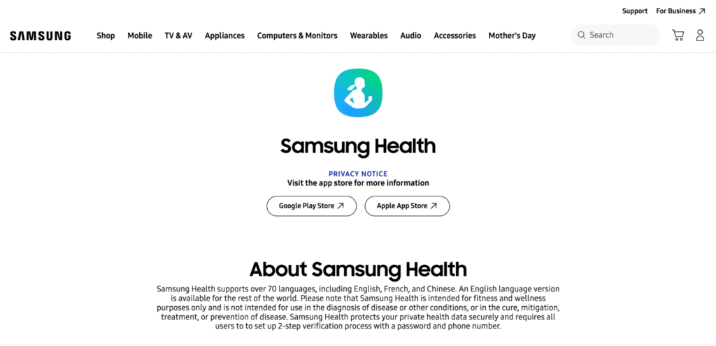 Homepage of Samsung Health