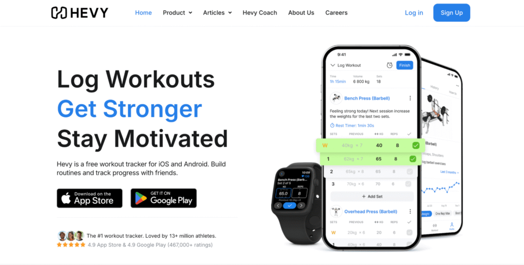 Homepage of Hevy app