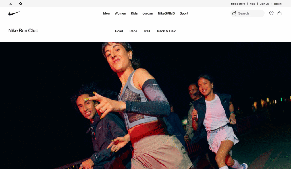 Homepage of Nike Run Club