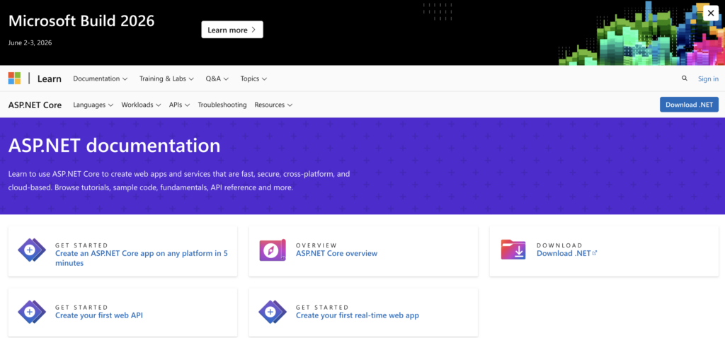 ASP.NET documentation page with a header for Microsoft Build 2026. Includes options for getting started on creating apps and web APIs.