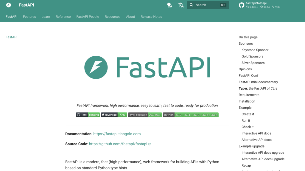 FastAPI website landing page with green header featuring navigation links. The FastAPI logo and name are prominent. Descriptive text highlights high performance and ease of use. Links to documentation and source code are present, with additional details about FastAPI's features and sponsors listed on the right sidebar.