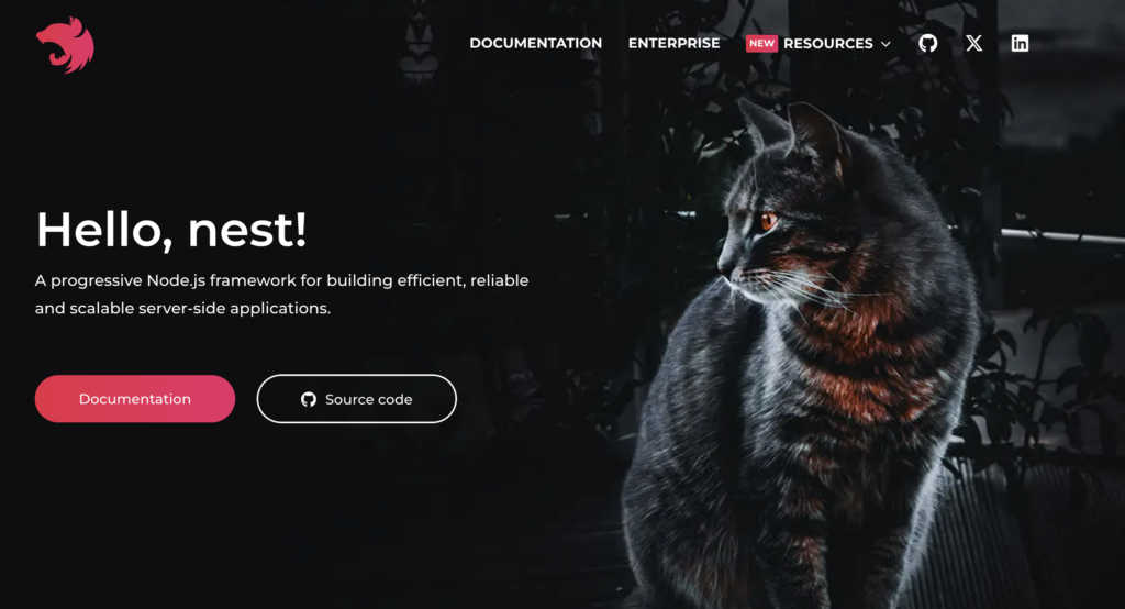 Website homepage for Nest.js showing a dark-themed design with a cat image and text about a Node.js framework.