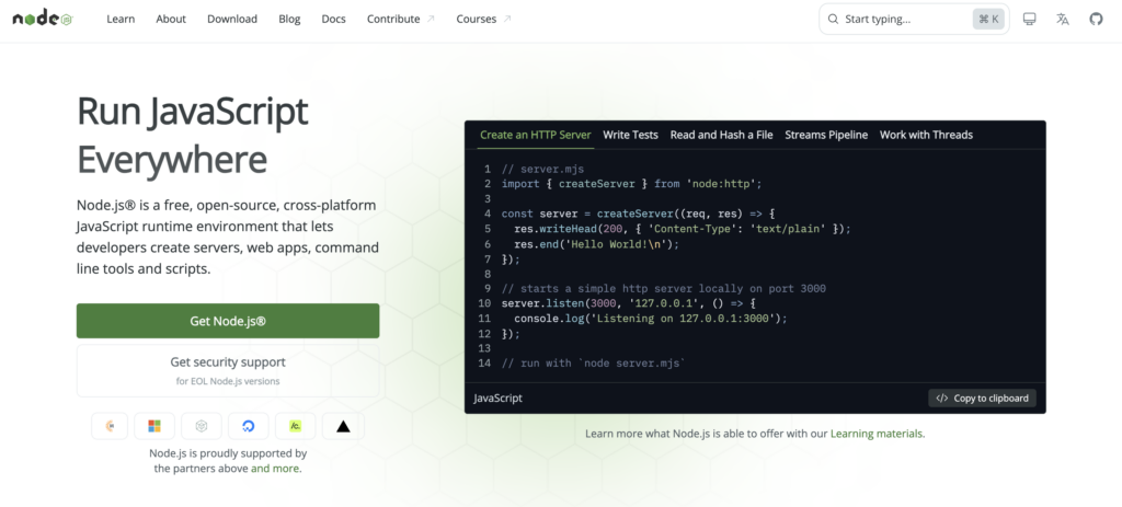 Node.js homepage showing JavaScript code to create a simple HTTP server that responds with "Hello World" on localhost port 3000.