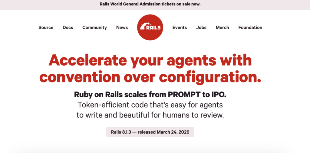 Ruby on Rails homepage promoting version 8.1.3, highlighting convention over configuration, token-efficient code, and ticket sales for Rails World event.