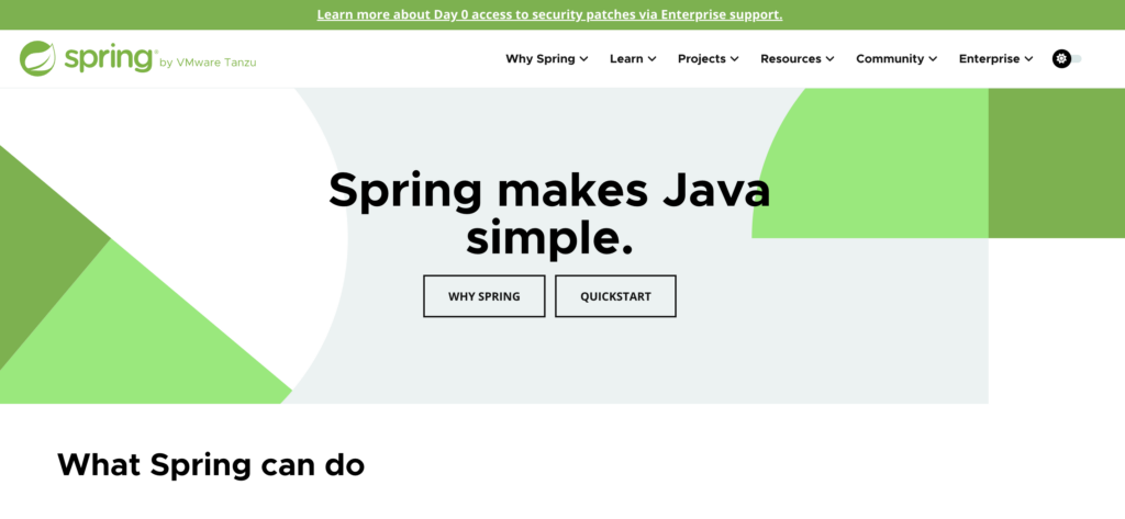 Green and white website with text "Spring makes Java simple" in bold black. Includes &ldquo;Why Spring&rdquo; and &ldquo;Quickstart&rdquo; buttons. Modern, clean design.