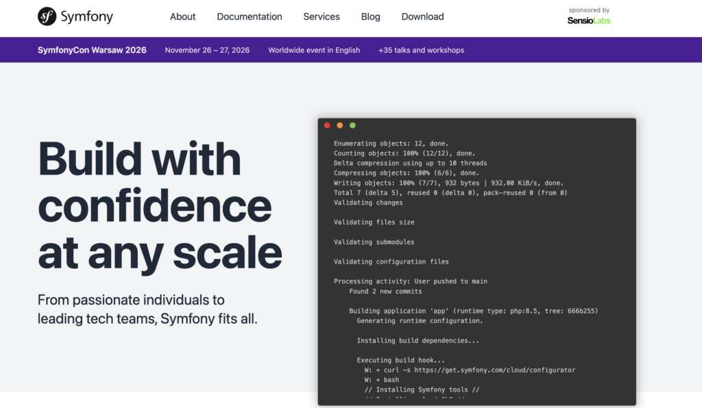 Symfony website homepage with tagline "Build with confidence at any scale" and code snippet of a build process in terminal.