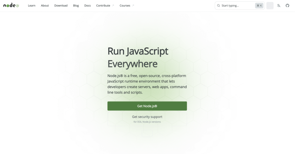 "Node.js homepage with a green gradient background, featuring the text 'Run JavaScript Everywhere' and a button labeled 'Get Node.js'."