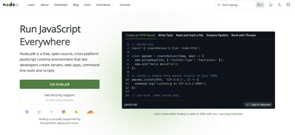 Node.js homepage showcasing JavaScript server code example and buttons to get Node.js and security support.