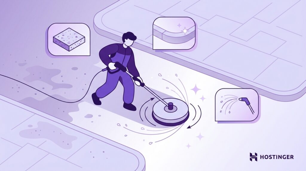 A person cleans a path with a floor machine, surrounded by icons showing floor layers, sparkle effects, and a water sprayer. The tone is informative and clean.