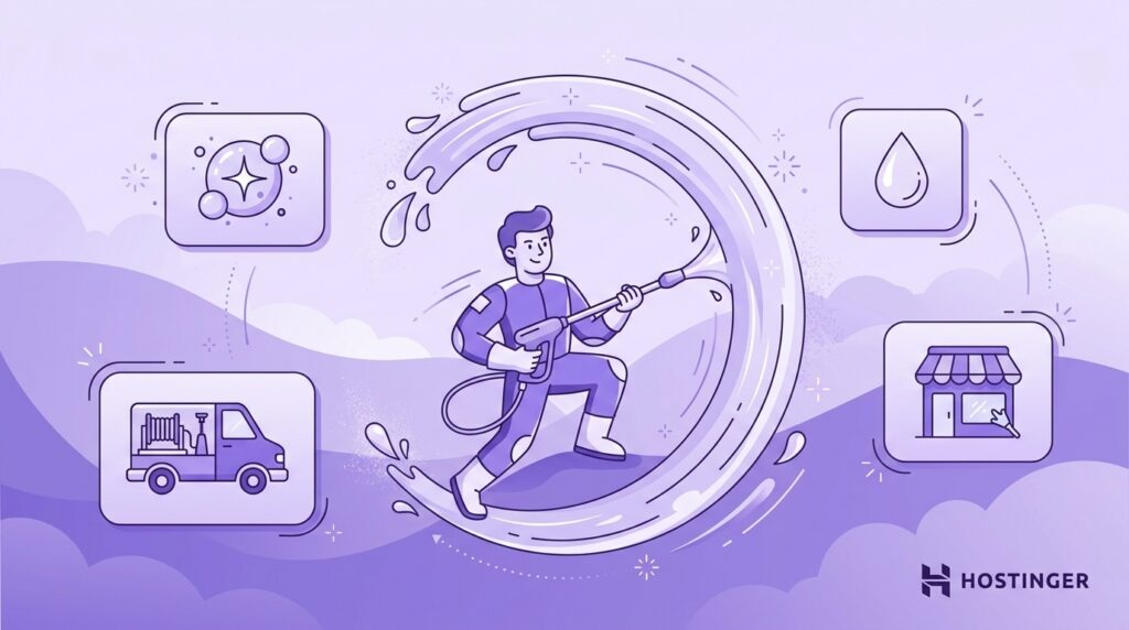 Illustration of a person pressure washing surrounded by icons of cleaning, water, service truck, and a storefront.