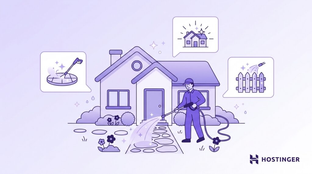 Person pressure washing a stone pathway in front of a house, with icons showing cleaning driveway, house, and fence.