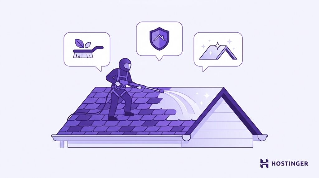 Illustration of a person cleaning a roof with a pressure washer. Speech bubbles show a broom, shield, and clean roof, symbolizing maintenance and protection.