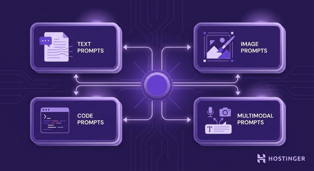 illustration showing four AI prompt types &mdash; Text, Image, Code, and Multimodal &mdash; as interconnected modular panels in a dark purple technical system design with circuit trace