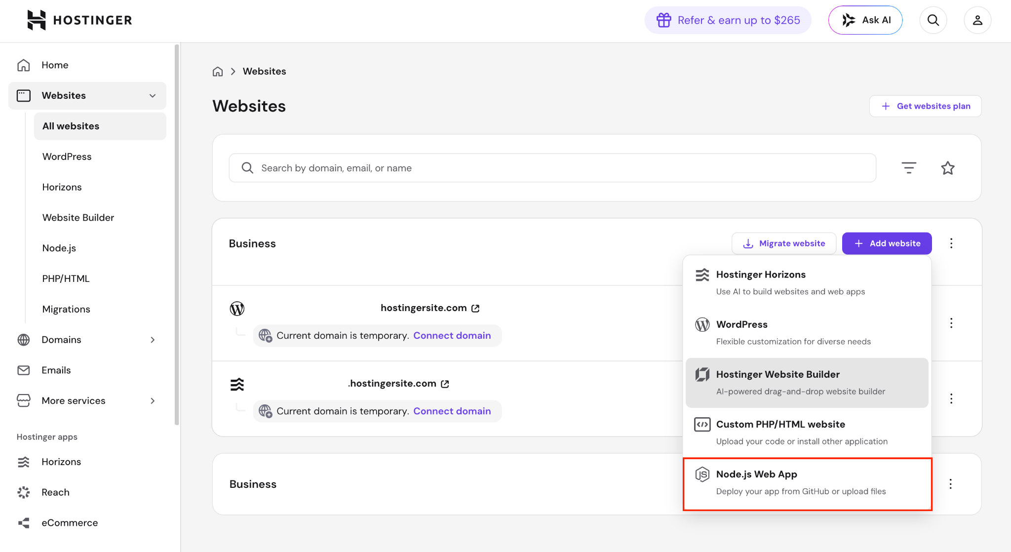 Node.js Web App selection highlighted in hPanel
